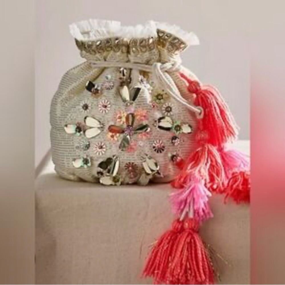 Free People Embellished Cream and Pink Drawstring Small Gift Bag